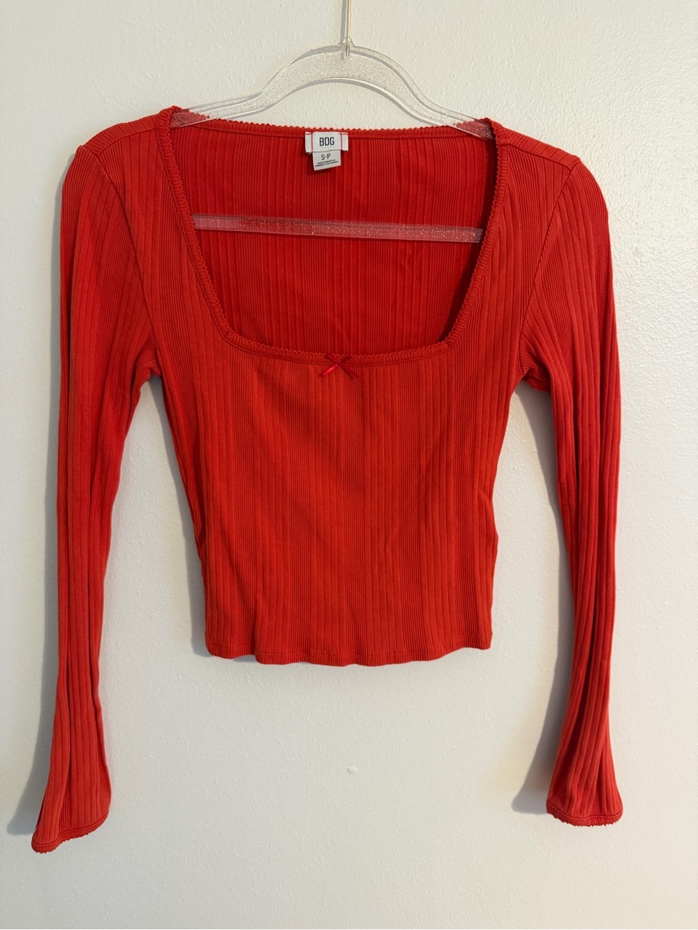 BDG Red Ribbed Square-Neck Long Sleeve Top with Front Bow - size small